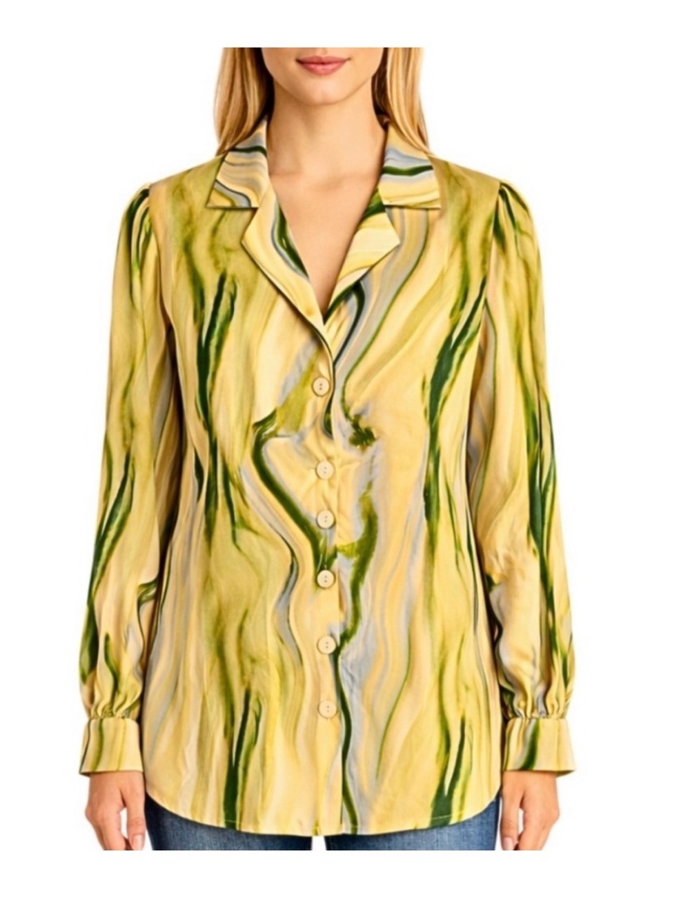 & Other Stories Women's Yellow Marble-Print Button Front Blouse